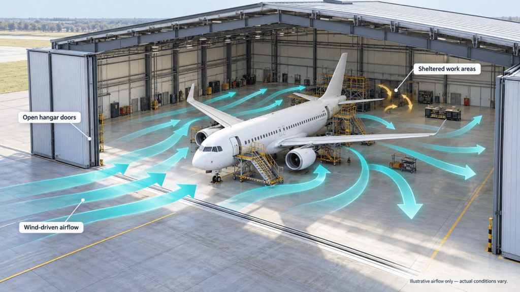 Why open hangar doors do not settle the airflow design question