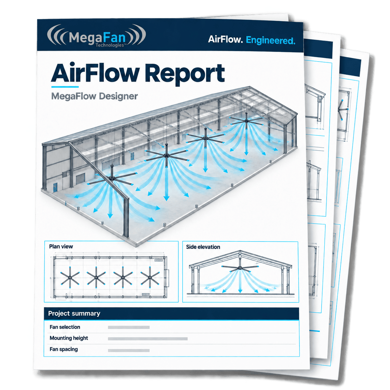 Illustrative MegaFan AirFlow Report showing a warehouse airflow model, plan view, side elevation and project summary