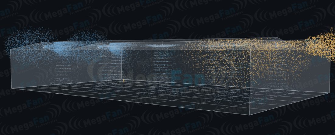 MegaFlow AirMax Designer showing a warehouse with AirMax fans and illustrated AirWall airflow